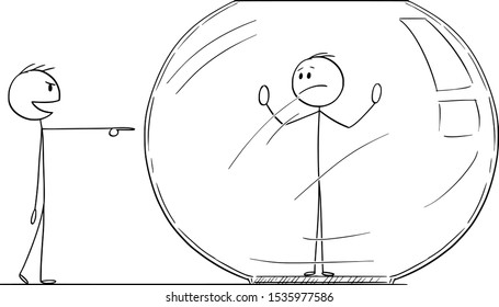 Vector cartoon stick figure drawing conceptual illustration of man or businessman trapped inside aquarium or fish tank. Competitor is laughing him from outside.