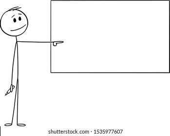 Vector cartoon stick figure drawing conceptual illustration of man or businessman or teacher with marker in hand pointing at empty whiteboard.