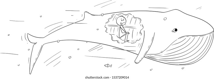 Vector cartoon stick figure drawing conceptual illustration of man sitting inside of the whale, biblical stroy of Jonas or Jonah and the whale.