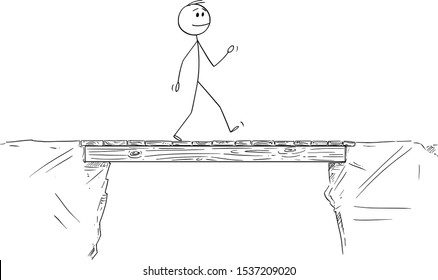 Vector cartoon stick figure drawing conceptual illustration of man or businessman walking and crossing the bridge.