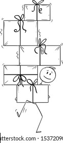 Vector cartoon stick figure drawing conceptual illustration of man carrying or balancing big pile of christmas or birthday gifts.