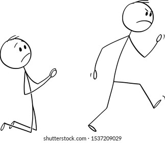 Vector cartoon stick figure drawing conceptual illustration of angry customer or worker walking away and kneeling man begging him to don't leave.