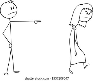Vector cartoon stick figure drawing conceptual illustration of angry man or boss expelling woman, forcing her to leave.