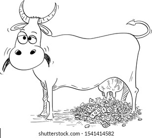 Vector cartoon stick figure drawing conceptual illustration of cash cow giving or milking money. Concept of cash generating product.