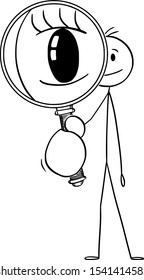 Vector cartoon stick figure drawing conceptual illustration of man or detective looking through magnifying glass or magnifier.