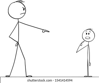 Vector cartoon stick figure drawing conceptual illustration of man pointing and blaming boy or another man. Concept of guilt.