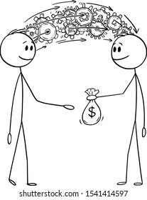 Vector cartoon stick figure drawing conceptual illustration of man or businessman sharing his knowledge and information for money.