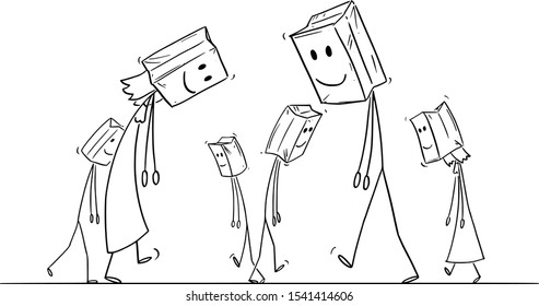 Vector cartoon stick figure drawing conceptual illustration sad   depressed people walking the street  and paper bags and painted smile their heads as mask 