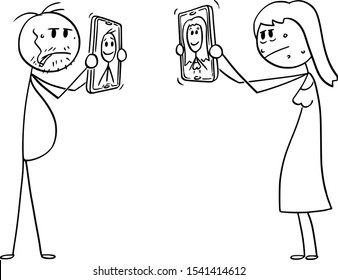 Vector cartoon stick figure drawing conceptual illustration of ordinary or ugly man and woman, showing their unrealistic retouched and idealized photos on social networks on mobile phones.