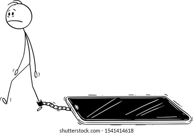 Vector cartoon stick figure drawing conceptual illustration of man chained to mobile phone. Concept of technology addiction.