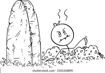 Vector cartoon stick figure drawing conceptual illustration of dead Halloween zombie rising out of the grave on cemetery.