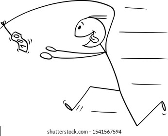 Vector cartoon stick figure drawing conceptual illustration of businessman chasing money on fishing rod attached to his back.