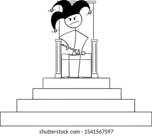 Vector cartoon stick figure drawing conceptual illustration of jester or fool sitting on throne of king. Concept of wrong person with power.