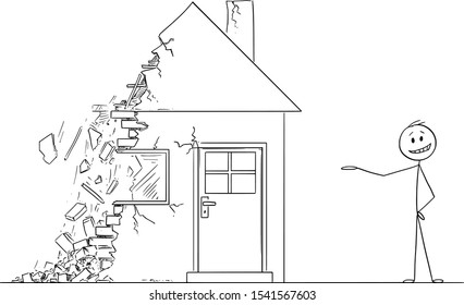 Vector cartoon stick figure drawing conceptual illustration of businessman or state agent or broker or realtor offering decaying house falling in to ruin.