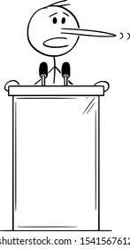 Vector cartoon stick figure drawing conceptual illustration of lying politician with long nose speaking on podium behind lectern.