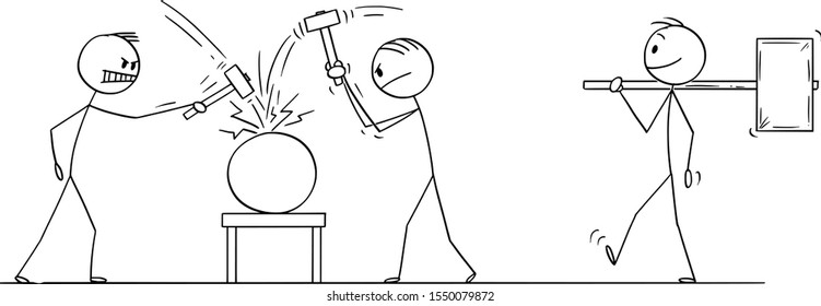 Vector cartoon stick figure drawing conceptual illustration of two men or businessmen beating an object with hammers, third man is going with bigger hammer. Concept of cracking or solving problem.