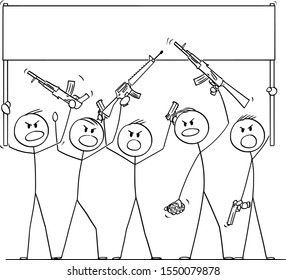Vector cartoon stick figure drawing conceptual illustration of group or crowd of soldiers, or armed people with guns demonstrating or brandish with pistols and rifles and holding empty sign.