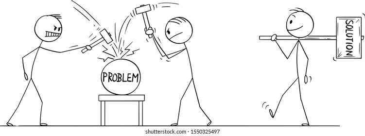 Vector cartoon stick figure drawing conceptual illustration of two men or businessmen beating problem with hammers, third man is going with bigger hammer. Concept of cracking or solving problem.