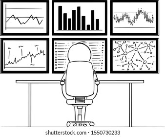 Vector cartoon stick figure drawing conceptual illustration of man or businessman sitting in front of six computer monitors mounted on wall, and analyzing graphs and market data.