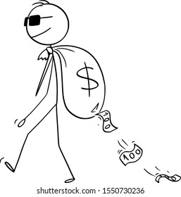 Vector cartoon stick figure drawing conceptual illustration of man, criminal, secret agent or businessman with sunglasses carrying bug money bag on his bag with dollar currency symbol.