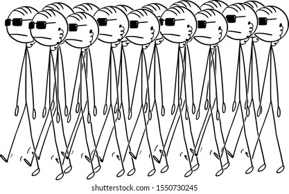 Vector cartoon stick figure drawing conceptual illustration of group of government secret agents walking or marching in sunglasses. Freedom and security concept.