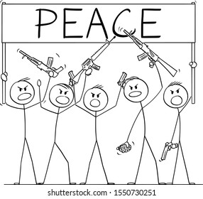 Vector cartoon stick figure drawing conceptual illustration of group or crowd of soldiers, or armed people with guns demonstrating or brandish with pistols and rifles and holding peace sign.