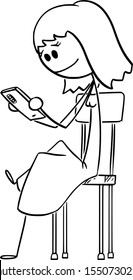 Vector cartoon stick figure drawing conceptual illustration of woman sitting on chair and using mobile phone or smartphone and checking social networks or media.