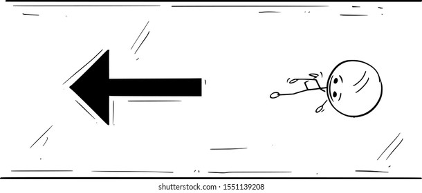 Vector cartoon stick figure drawing conceptual illustration of man or businessman walking on the road to future following the arrow. Business concept of strategy and moving forward.
