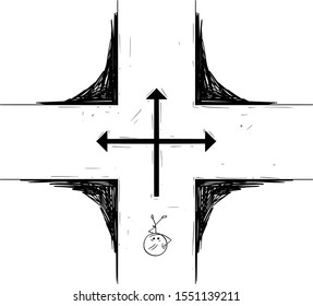 Vector cartoon stick figure drawing conceptual illustration of man or businessman standing on crossroad and making decision about the future.