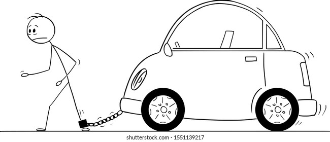 Vector cartoon stick figure drawing conceptual illustration of man chained by iron chain to his car. Concept of car or vehicle expenses.