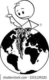 Vector cartoon stick figure drawing conceptual illustration of man with needle sewing broken world, globe or Earth. Concept of reconciliation of Atlantic nations and peacemaking.