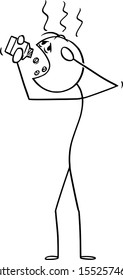 Vector cartoon stick figure drawing conceptual illustration of man suffering headache or head pain taking medicine painkillers pills from dose.