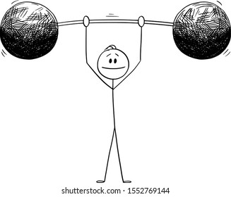 Vector cartoon stick figure drawing conceptual illustration of man or businessman lifting heavy weight. Business concept.