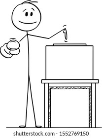 Vector cartoon stick figure drawing conceptual illustration of man pointing at voter or elector and on ballot box to inspire to vote in elections.
