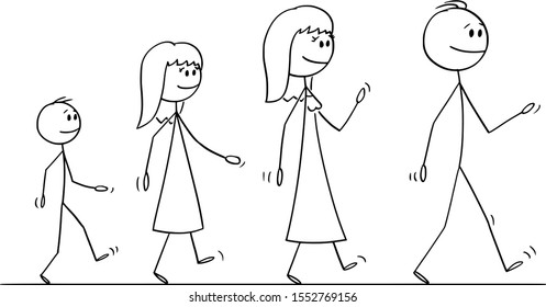 Dibujo vectorial de caricatura ilustrando la ilustración conceptual de la familia caminante en viaje de hombre, mujer, niña y niño o padre, madre, hija e hijo.