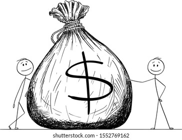 Vector cartoon stick figure drawing conceptual illustration of two men or businessmen posing with big bag or pouch of money with dollar symbol.