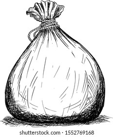 Vector cartoon stick figure drawing conceptual illustration of two men or businessmen posing with big bag or pouch of money.