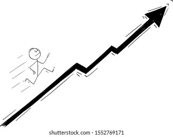 Vector cartoon stick figure drawing conceptual illustration of businessman running up the chart or graph. Business concept of financial success and growth.