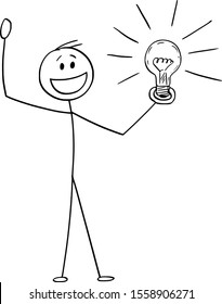 Vector cartoon stick figure drawing conceptual illustration of happy celebrating man or businessman with idea or solution holding shining light bulb in hand.