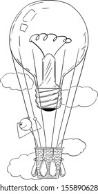 Vector cartoon stick figure drawing conceptual illustration of man or businessman flying on hot air balloon powered by light bulb as creativity or idea metaphor.