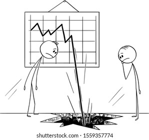 Vector cartoon stick figure drawing conceptual illustration of two businessmen watching frustrated the business chart or graph falling down, and knocking a hole in the ground or floor.