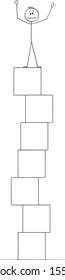 Vector cartoon stick figure drawing conceptual illustration of man or businessman celebrating success on the top of pile of boxes.