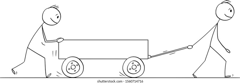 Vector cartoon stick figure drawing conceptual illustration of two men or businessmen pushing empty cart or handcart or pushcart.