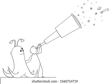 Vector cartoon stick figure drawing conceptual illustration of man or astronomer with telescope, watching space and looking for extraterrestrial life while alien is standing behind him.