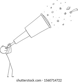 Vector cartoon stick figure drawing conceptual illustration of man or astronomer with telescope watching space, stars and planets.