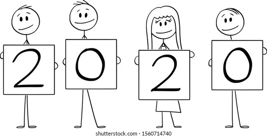 Vector cartoon stick figure drawing conceptual illustration of four people or businesspeople of businessmen and businesswoman holding year 2020 signs.