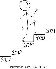 Vector Cartoon Stick Figure Drawing Conceptual Illustration Of Man Or Businessman Walking Up The Stairs Or Staircase Or Stairway With Year Number On Each Step. Business Concept Of Growth In Time.