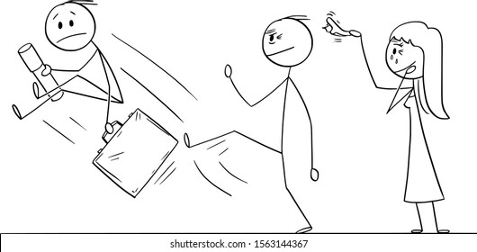 Vector cartoon stick figure drawing conceptual illustration of young man leaving home or house of his parents to start his own life. Father is kicking him out gently.