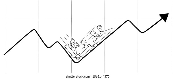 Vector cartoon stick figure drawing conceptual illustration of businessmen riding on the financial graph or chart on roller-coaster or big dipper. Market instability and changes concept.