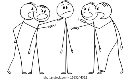 Vector cartoon stick figure drawing conceptual illustration of man or businessman who is questioned, interrogated or blamed by group of men or colleagues.